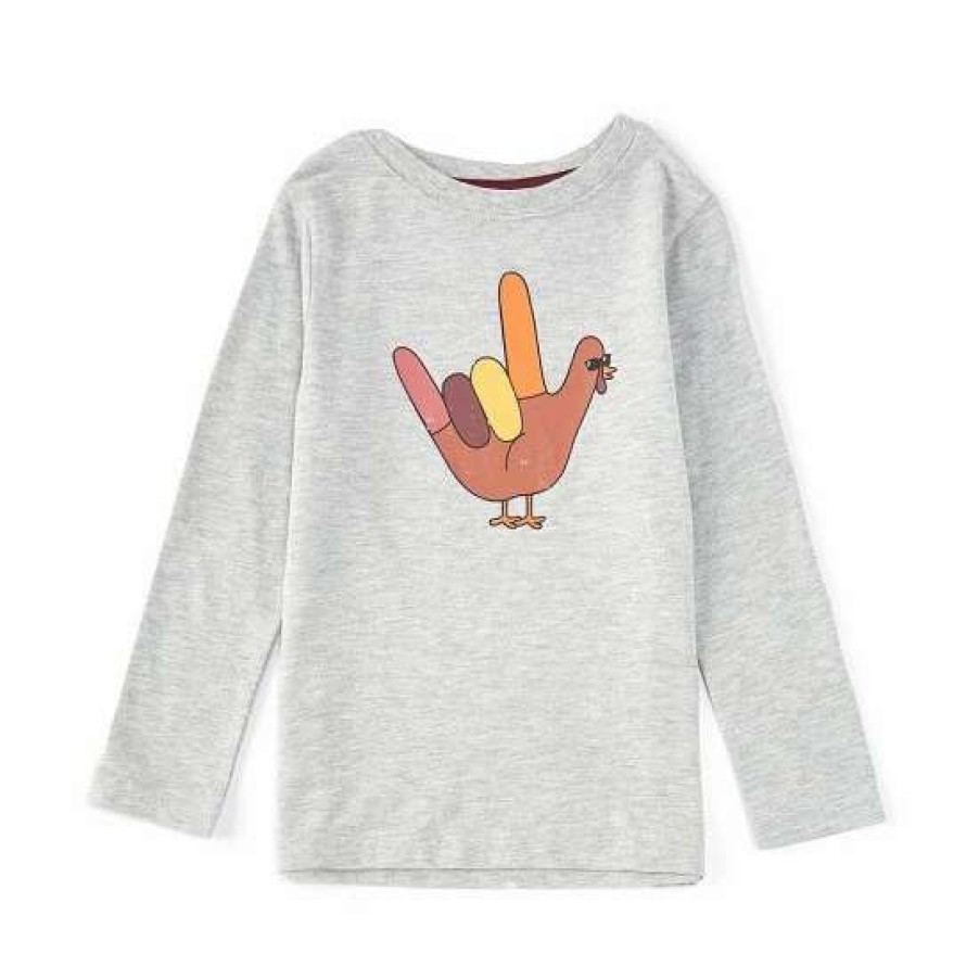 Kids * | Deals Adventure Wear By Class Club Little Boys 2T-6 Rock N Roll Turkey Long Sleeve Tee Grey Heather