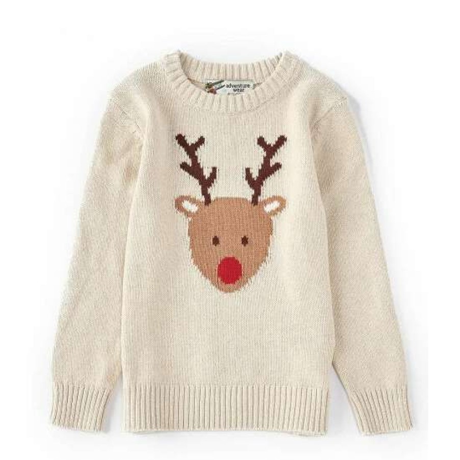 Kids * | Buy Adventure Wear By Class Club Little Boys 2T-6 Reindeer Crew Neck Long Sleeve Sweater Oatmeal Heather