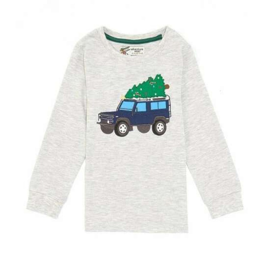 Kids * | Best Sale Adventure Wear By Class Club Little Boys 2T-6 Truck With Tree Applique Long Sleeve Crew Neck Tee Grey Heather