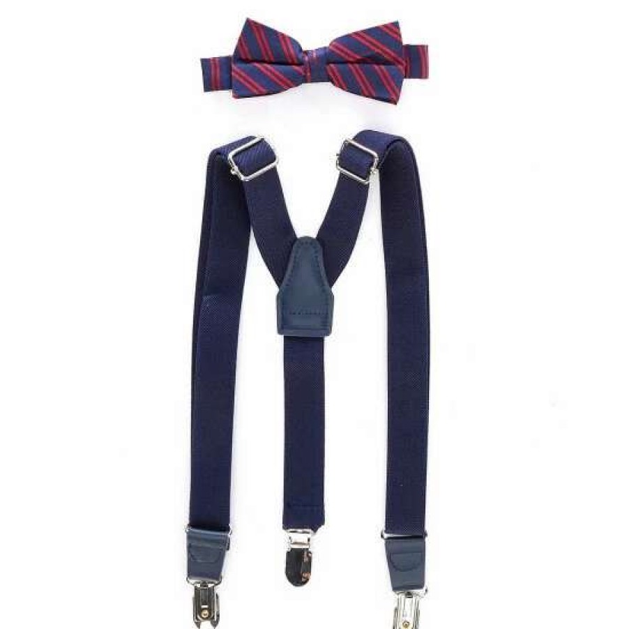 Accessories * | Top 10 Class Club Boys Classic Stripe Bow Tie & Suspender Set Navy