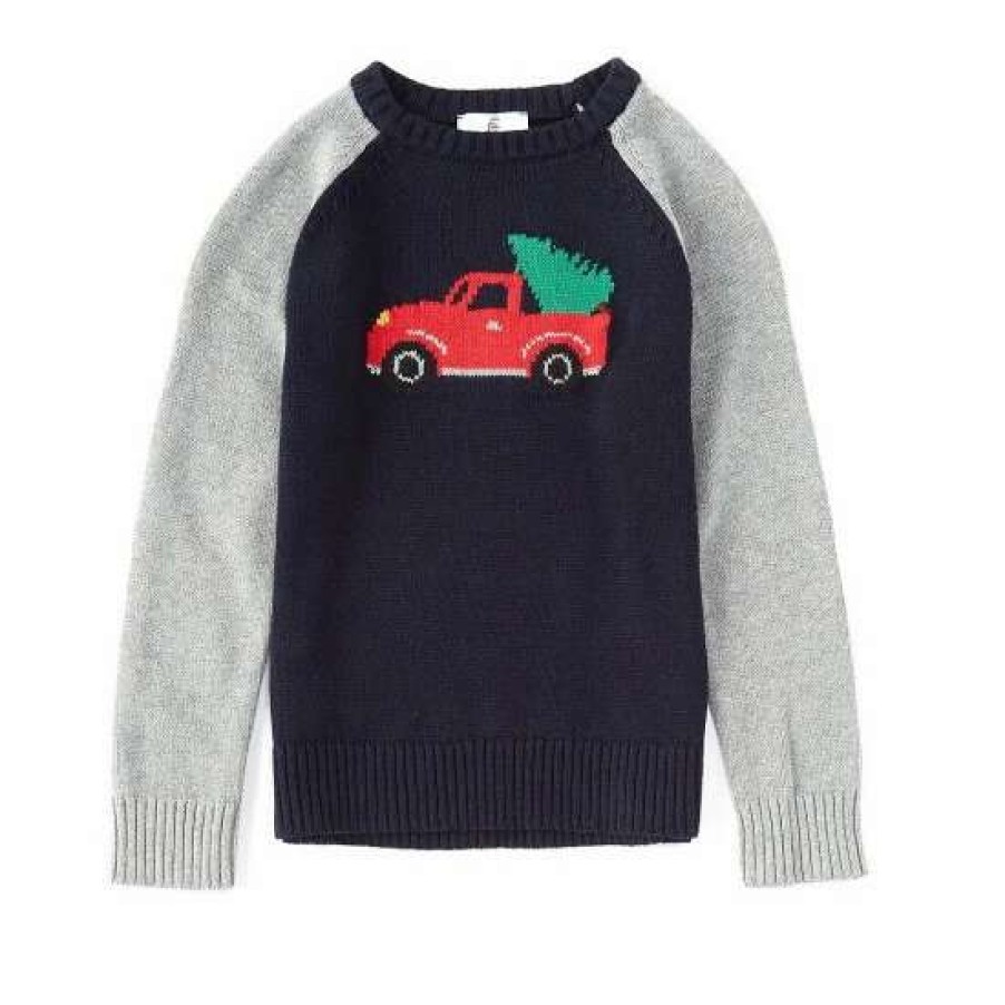 Kids * | Hot Sale Class Club Little Boys 2T-7 Truck Long Sleeve Raglan Crew Neck Sweater Navy