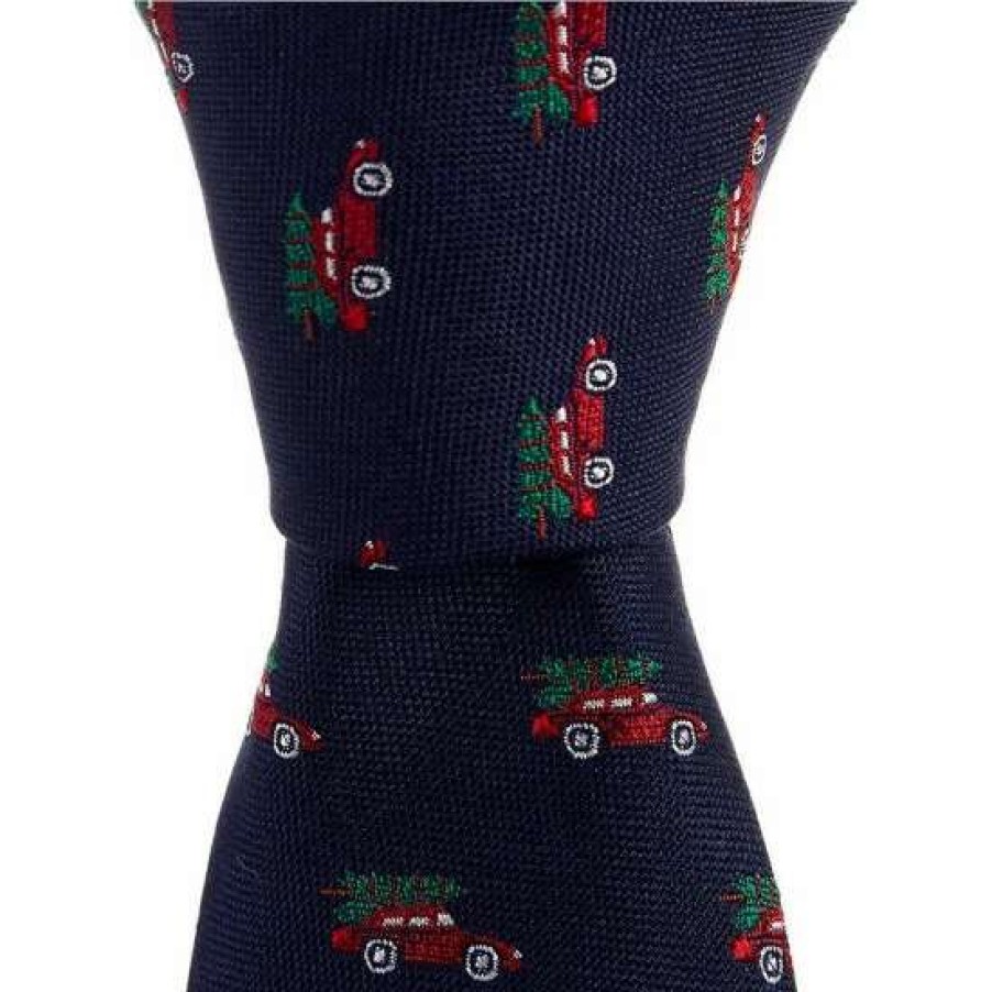 Accessories * | Brand New Class Club Boys 50#Double; Embroidered Cars With Holiday Tree Tie Navy